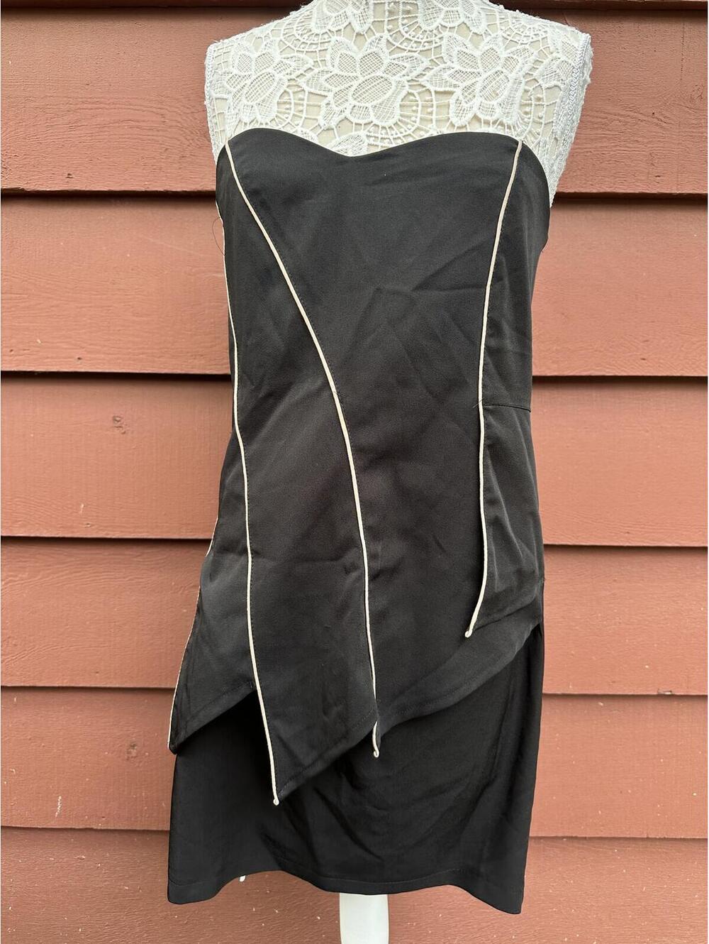 Dots Black Strapless Asymmetrical Mini Dress with Cream Piping Y2K Party